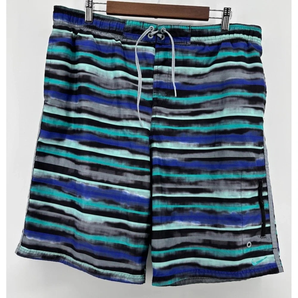 Nike Swim Board Shorts Mens Large Multicolor Striped Drawstring Beach Trunks